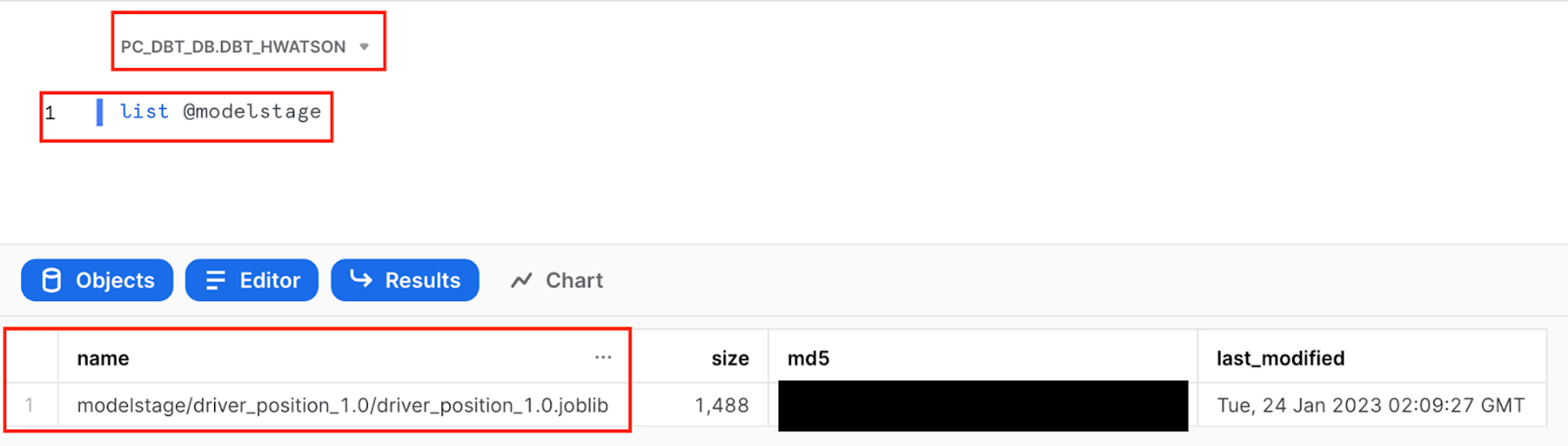 List the objects in our Snowflake stage to check for our logistic regression to predict driver position List the objects in our Snowflake stage to check for our logistic regression to predict driver position